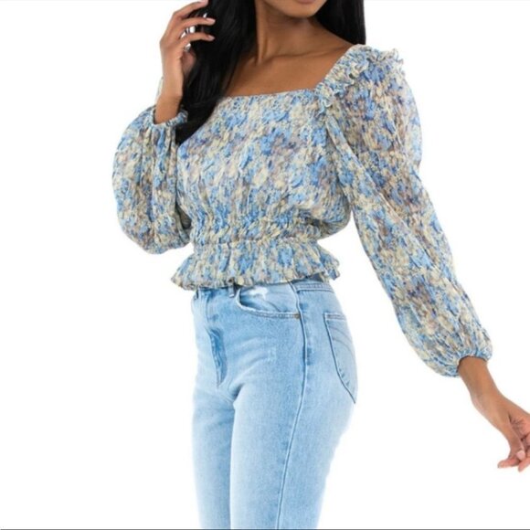 ASTR The Label  Elva Floral Long Ruffle Sleeve Square Neck Blue Taupe blouse LG - Picture 10 of 16